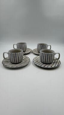 Hand Painted Blue Brown Striped Pottery Cups & Saucers Set of 4